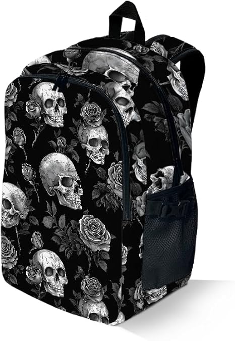 Gothic Skull & Rose Backpack With Adjustable Straps Multi-Functional Daypack For Laptop, Travel, Hiking & Daily Use - skull backpack