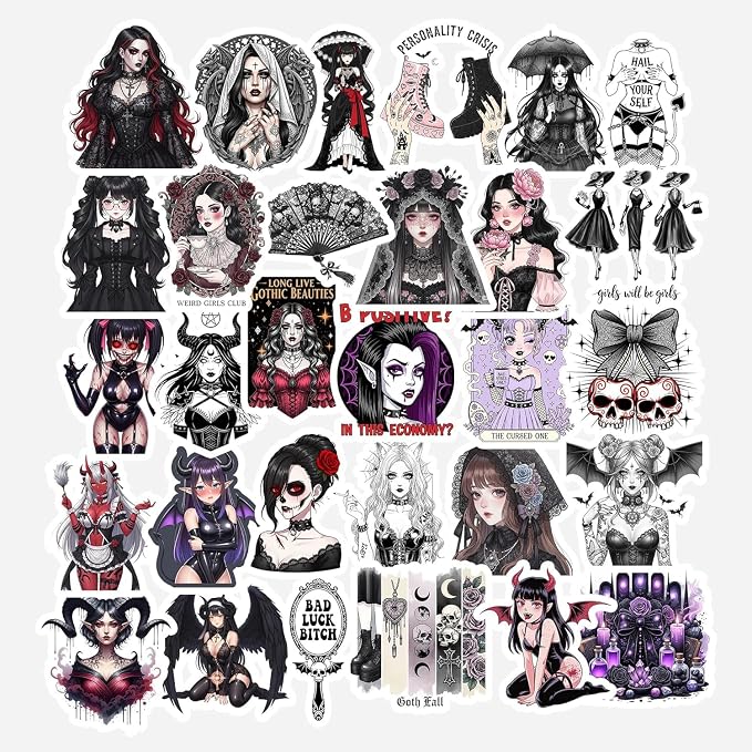 30PCS Goth Girl Stickers, Waterproof Vinyl Dark Fantasy Gothic Girl Skull Decals - skull sticker