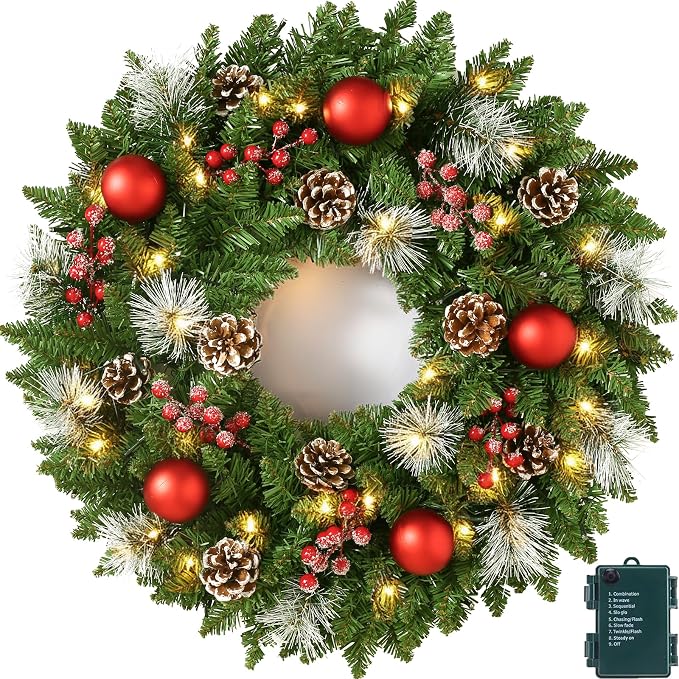 24 Inch Pre-Lit Artificial Christmas Wreath for Front Door, Christmas Door Decorations Wreath with LED Warm Lights, Balls, Pine Needles, and Red Berries Wall Windows Ornament - skull wreath