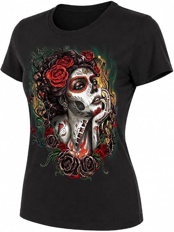 Hot Leathers GLR1412 'Sugar Woman' Ladies Black T-Shirt - skull tshirt