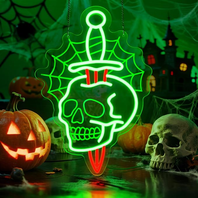 Halloween Skull Neon Sign with Dagger & Web Design