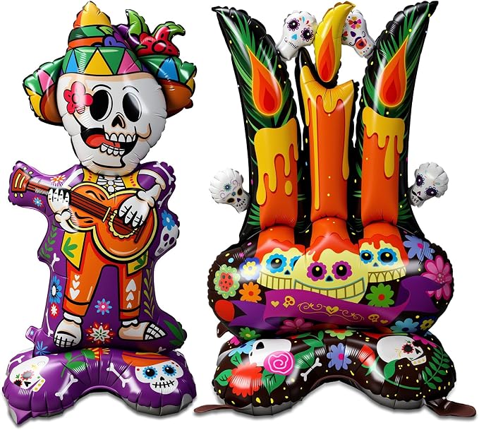 Cinnvoice 2 Pcs 61" Day of The Dead Foil Balloon Large Sugar Skull Balloon - skull inflatable