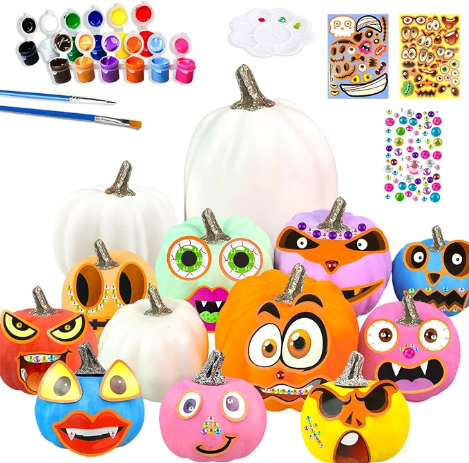 JIABNUKKN Pumpkin Decorations Halloween Crafts for Kids 13Pcs White Artificial Pumpkin Painting Kit with Sticker Kids DIY Arts and Crafts for Halloween Party Thanksgiving Classroom Home Fall Decor