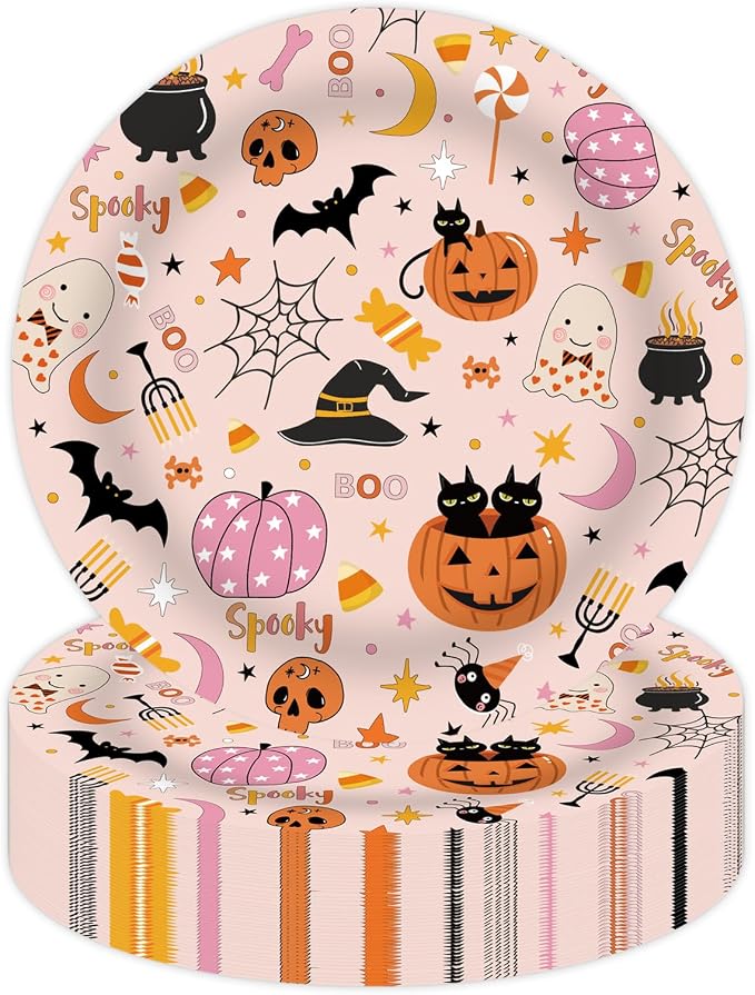 50Pcs Halloween Party Paper Plates, 7inch Spooky Dessert Plates - skull plate
