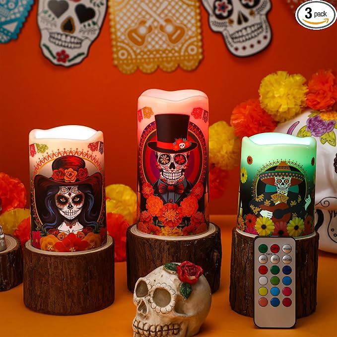Glooglitter 3 Pcs Day of the Dead LED Candles, Sugar Skull Flameless - skull candle