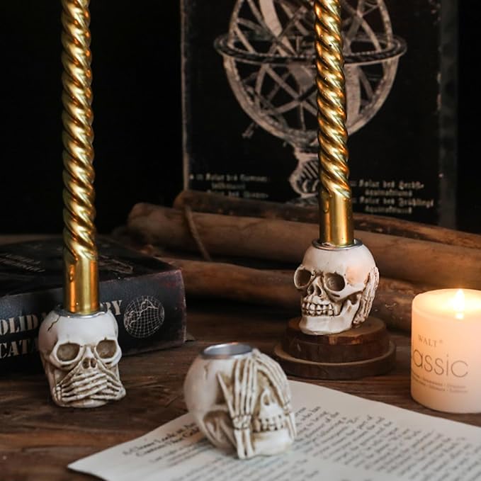 3 Pcs Halloween Skull Candle Holder,Gothic Mini Resin Decor,No Look Listen Speak Evil Design for Table Centerpieces Fireplace Home Bar Spooky Dinner Party - skull candle