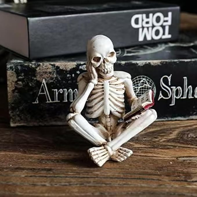 1 Piece Halloween Skeleton Decoration Gothic Cross-Legged and Reading Skull Figurine Exquisite Horror Sculpture for Desk Bookshelf Fireplace Party Living Room Office Decor - skull figurine