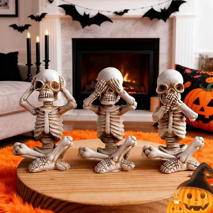 3 Pcs Halloween Skull Figurine Hear See Speak No Evil Baby Skeleton Figurine 4.8 Inch Resin Home Decor for Cemetery Desk Bookshelf Office - skull figurine