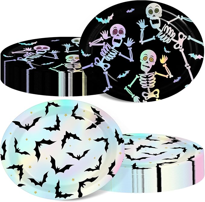 50pcs Iridescent Halloween Oval Paper Plates Halloween Skeleton Bat Party Decoration, Black Iridescent Holographic Foil Disposable Plates for Home Table Spooky Party Supplies,11.6 x 9.4 Inch - skull plate