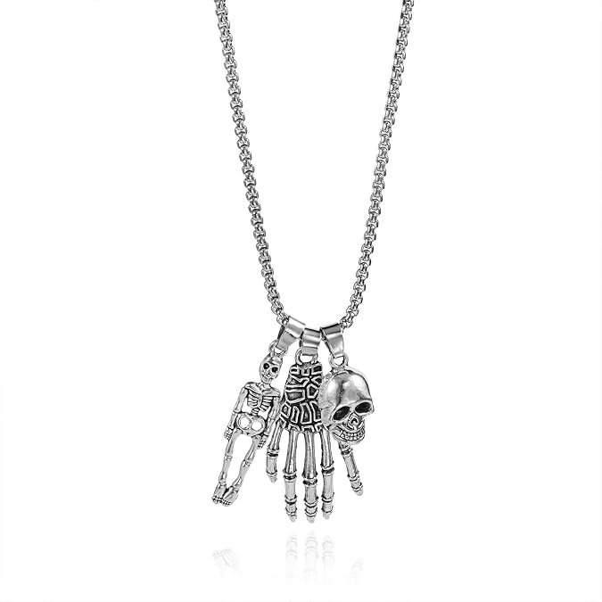 Halloween Skull Pendant Necklace for Women, Silver Plated Skeleton and Skull Hands Charm Choker Halloween Gothic Claw Chain Jewelry for Women Men Party Punk Rock Jewelry - skull plate
