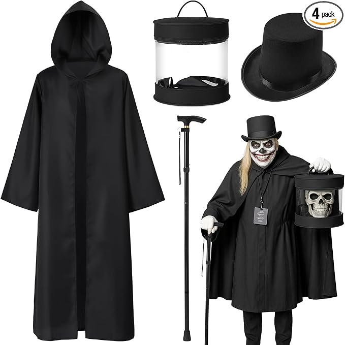 WinnerWhy 4 Pcs Halloween Ghost Costume Men Black Cape Top Hat Cane Set