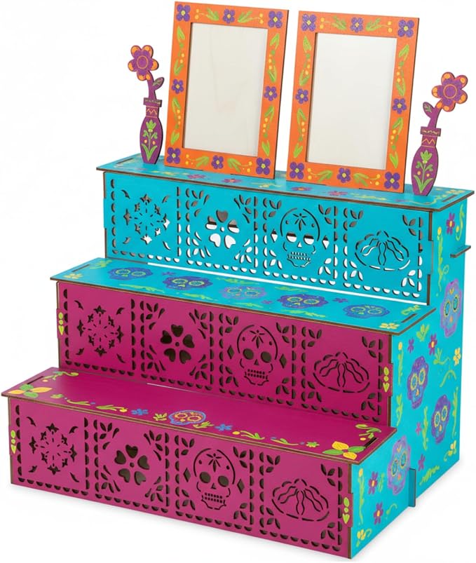 MotiMind Dia De Los Muertos 2 Photo Frame Three Layer Altar Ofrenda Box, Poplar Plywood Sugar Skulls and Pan de Muerto Papel Picado, Self Painting Shadow Box Frame The Day of The Dead Decor (Classic) - skull plate