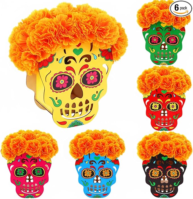 6 Pcs Day of The Dead Sugar Skull Decor Wooden Ofrenda Box, Colorful Skull - skull candle