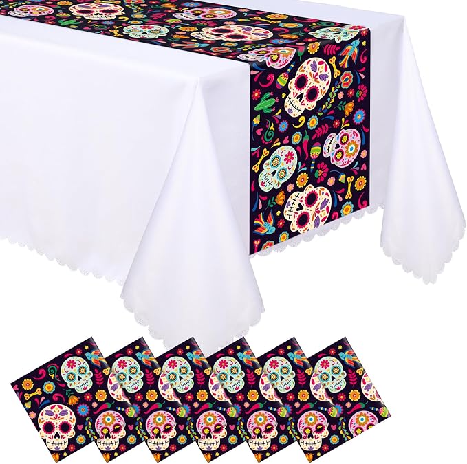 Tingjoo 6 Pcs Plastic Dia De Los Muertos Table Runner Decoration 14 x 108‘' Day of the Dead Sugar Skull Tablecloth Waterproof Disposable Mexican Fiesta Table Runner Altar De Muertos Decor Supplies - skull carpet