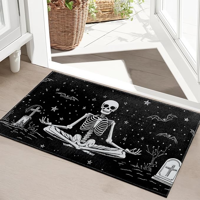Skeleton Meditation Indoor Door Mat, Skull Bat and Starry Night Front Doormats, Gothic Entryway Area Rug 17x29.5 Inch Soft Non Woven Floor Mats for Porch Kitchen Bathroom Decor Gifts - skull floor mat