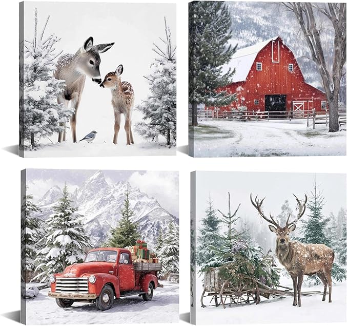 Christmas Canvas Wall Art, 4 Pack 12x12 Inch Framed Winter Wall Art with Deer in Snowy Forest, Reindeer Christmas Decor for Wall Decoration - skull wall art