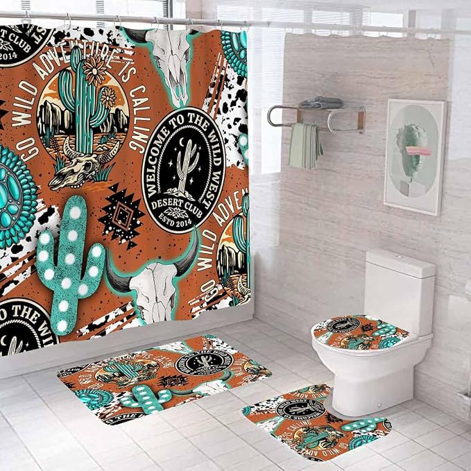 4PCS Wild West Shower Curtain Sets with Rugs, Western Boho Shower Curtain, Waterproof Fabric Brown Shower Curtain, Bull Skull Desert Turquoise Cactus Rustic Ranch Southwest Bathroom Decor - skull toilet rug