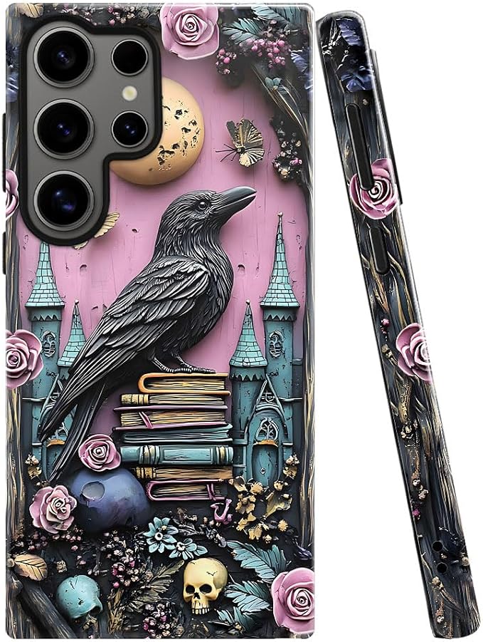 Case for Samsung Galaxy S25 Ultra,Skull Bookshelf Floral Butterfly Phone Case Drop Resistant Glossy 2 in 1 Solid Dual-Layer Cover for Girl Women - Skull phone case