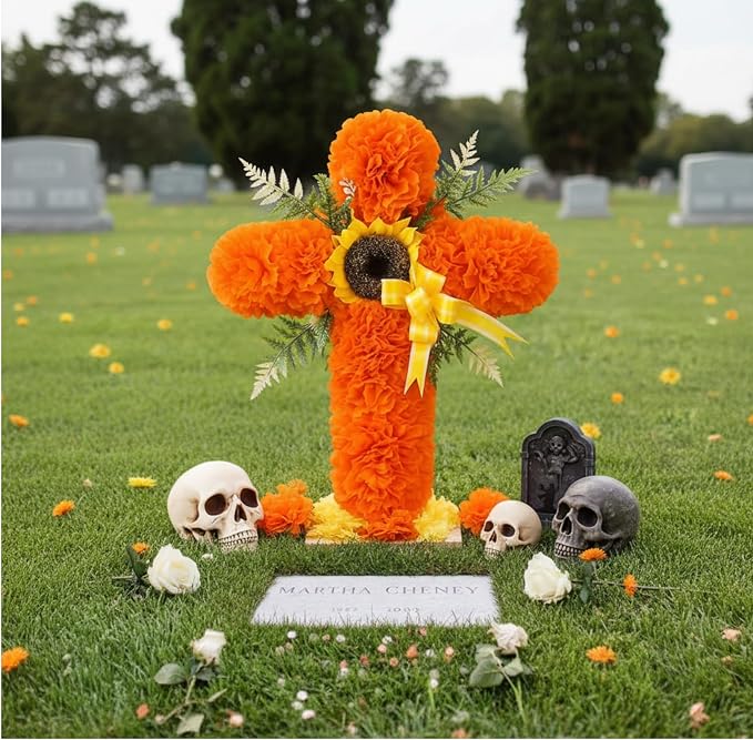 16″ x 12″ Dia De Los Muertos Grave Decor Cemetery Marigold Cross Mexican