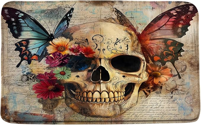 Sugar Skull Butterfly Bath Mat Halloween Skeleton Floral Gothic Spooky Scary Vintage Flowers Retro Horror Bathroom Floor Bathtub Bath Rug - skull toilet mat