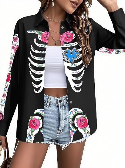 Dia De Los Muertos Shirt for Women: Day of The Dead Skeleton Shirts Funny Sugar Skull Graphic Tops Button Down Blouse - skull sweatshirts