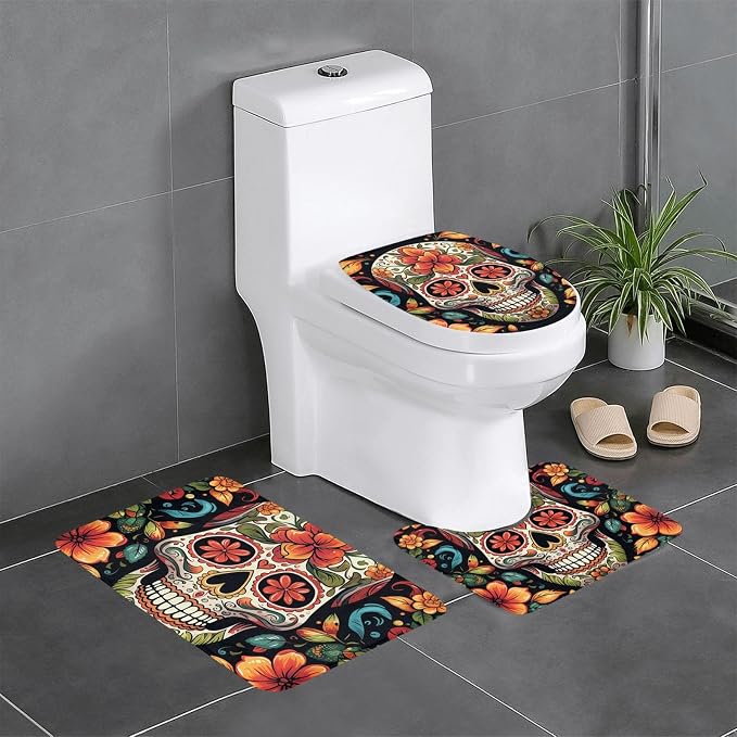 Colorful Sugar Skull Bathroom Rug Sets 3 Piece Soft Absorbent Bath Mats and U-Shaped Contour Mat Toilet Lid Cover Non-Slip Bath Rugs for Bathroom Shower Mat 24"x16" - skull toilet rug