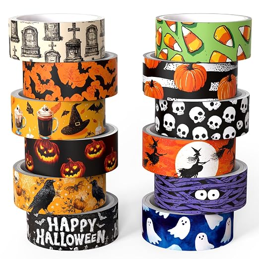 Halloween Washi Tape Set,12 Rolls Pumpkin Bat Ghost Decorative Tape Candy Skull Witch Masking Tape for Journaling Supplies, Scrapbooking, DIY Arts & Crafts, Gift Wrapping - skull sticker