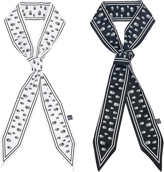 2Pcs 2 Colors Halloween Black White Skull Scarf Fashion Skeleton Pattern Neck Tie Neckerchief Versatile Handbag Handle Wrist Wrap Cover Skinny Soft Silk Headband Hair Head Scarves for Women - sugar skull handbags for sale