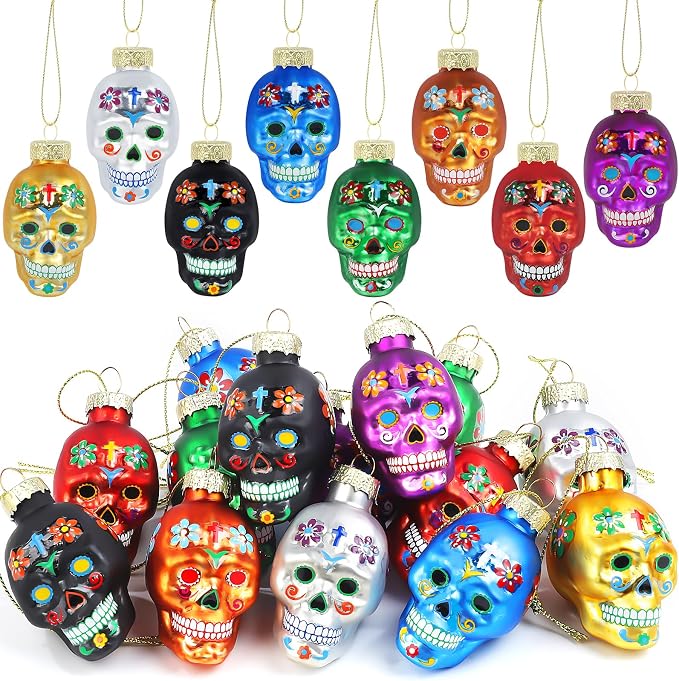 14pcs Day of The Dead Skull Glass Ornaments Colofur Sugar Skulls Glass Ornaments Shatterproof Hanging Skull Set for Small Halloween Tree, Dia De Los Muertos Indoor Home Decoration