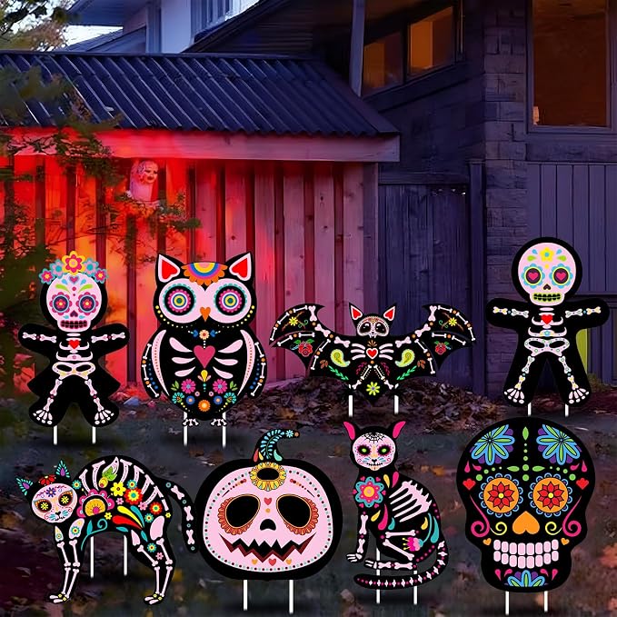 Yerliker 8 Pcs Day of The Dead Yard Decor, Sugar Skull Signs, Pink - skull inflatable