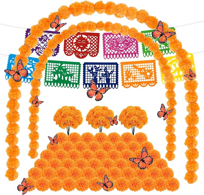 Dreamtop Dia de los Muertos Ofrenda Kit, Day of the Dead Marigold Decor Set - skull carpet