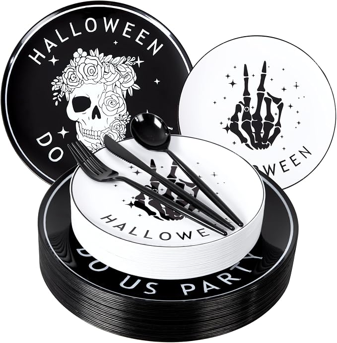150pcs Spooky Halloween Plates for Adult Party Black Plastic - skull plate