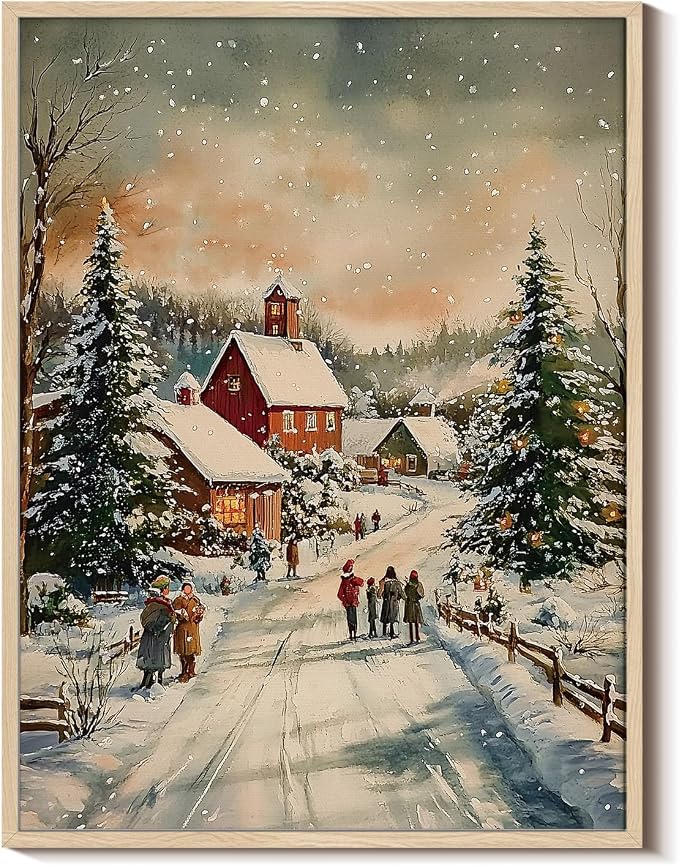 Vintage Winter Snowy Village Christmas Framed Canvas Wall Art, 12x16 Inch Cozy Family Walking Snow Road Landscape Painting, Rustic Farmhouse Living Room Bedroom Entryway Home Holiday Decor - skull painting