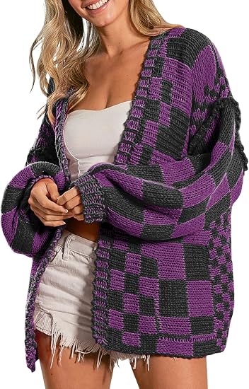 SELINK Women's Chunky Cardigan Sweater Colorful Checkered - skull jacket