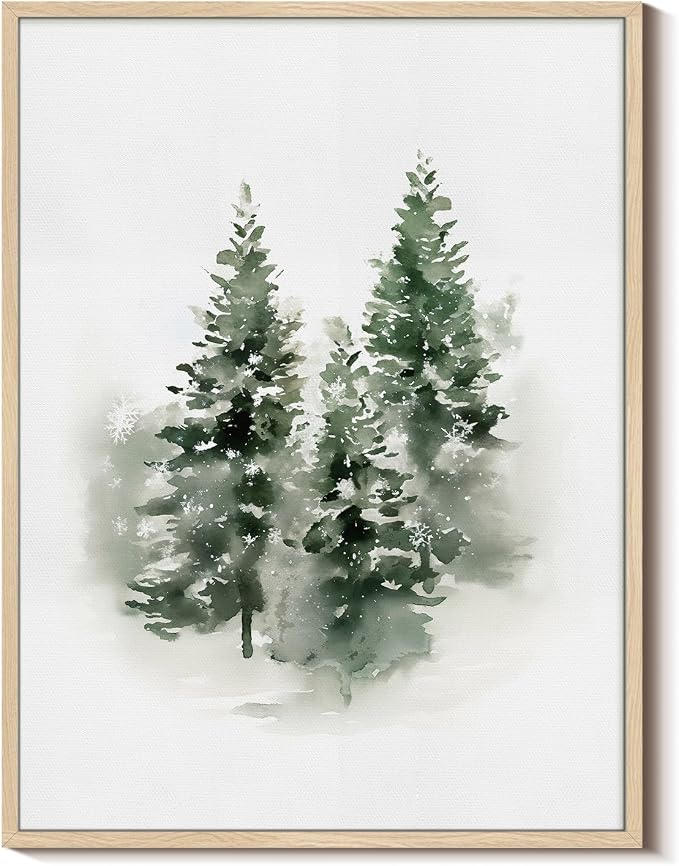Vintage Three Green Pine Trees Framed Canvas Print Christmas Wall Art, 12x16 Winter Snowy Forest Holiday Nordic Painting Artwork, Rustic Scandinavian Living Room Bedroom Farmhouse Home Decor - skull wall art