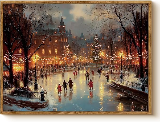 WHASAYART Vintage Christmas Wall Art 12x16 Framed Canvas Print, Holiday Bustling Town Center Winter Ice Skating Scene Christmas Tree City Lights Painting, Rustic Living Room Bedroom Seasonal Decor - skull painting