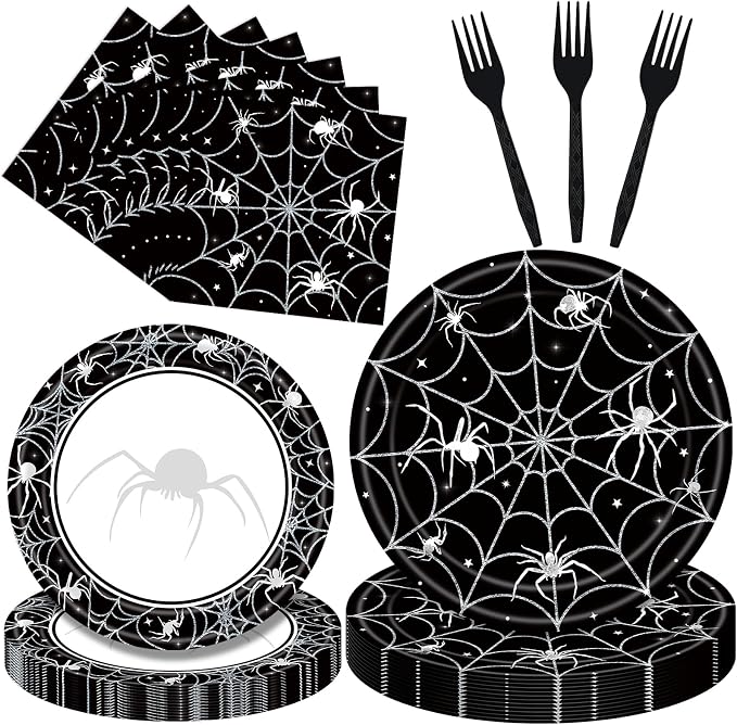 96 Pieces Halloween Tableware Set – Spider Web Themed Disposable Party Supplies with Paper Plates, Napkins, and Forks for Haunted House Parties, Spooky Dinners, and Halloween Events – Serves 24 - skull plate