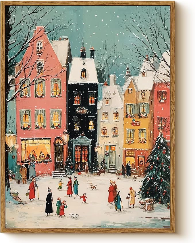 Vintage Framed Christmas Town Wall Art 12x16 Inch, Winter Holiday Village Canvas Print with Snow Street Scene Painting, Festive Decorations Living Room Bedroom Kitchen Farmhouse Home Décor - skull painting