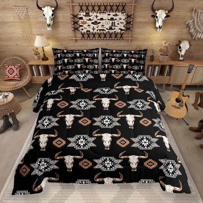 Erosebridal Bull Skull Bedding Set Boho Southwestern Comforter Set King,Kids Teens Adults Bohemian Geometric Western Quilt Southwest Aztec Decor,American Farmhouse Down Comforter,Black Brown - skull bedding