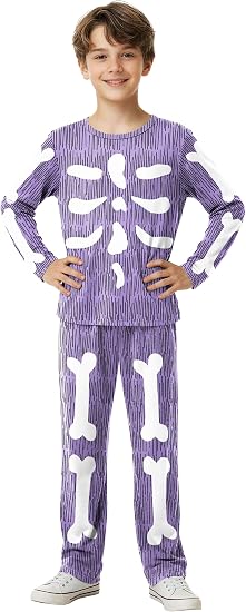 Kids Halloween Shirt Pant Long Sleeve Funny 2 Piece Set 3-14 Years - skeleton