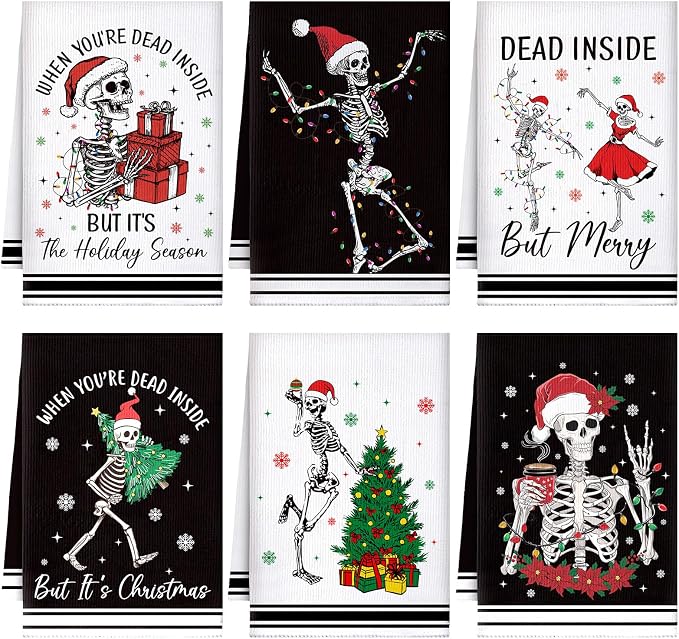 Preboun 6 Pcs Christmas Kitchen Towels Black White Gothic Dancing Skeleton - skeleton