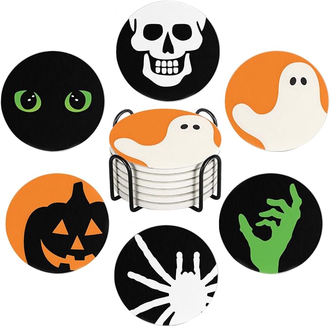 Drink Coasters for Drinks Set of 6, Green Black Orange Halloween Absorbent Round Ceramic Stone Mat Coaster, with Cork Base and Metal Holder, Home Bar Decor House Warming Gift - skull coaster