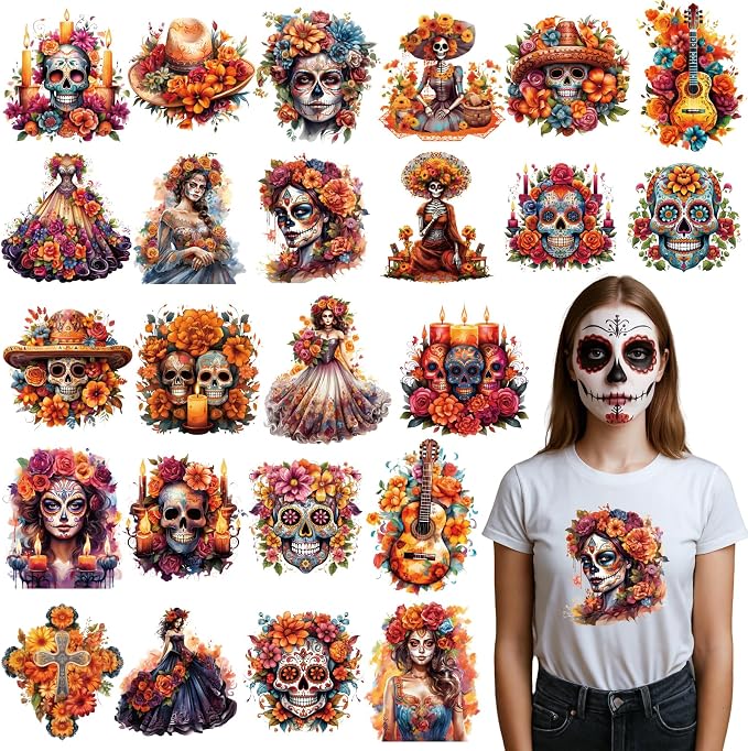 Dtf Transfers Ready to Press -24Pcs Day of The Dead Clipart Iron on Decals Day of The Dead Heat Transfer Mexican Culture Sugar Skull Clipart Vinyl Stickers for Clothing Pillows Bag DIY Crafts - skull sticker