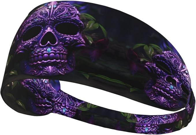 Purple Floser and Sugar Horror Skull Picture Sports Headband for Women Sweat Proof Bandeau Summer Elastic Band - skull headband