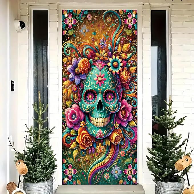 Day of The Dead Door Cover Banner 71 x 35 Inch Colorful Sugar Skull Floral Backdrop Dia de Los Muertos Skeleton Wall Decoration for Halloween Party Mexican Festival Decor - skull sticker