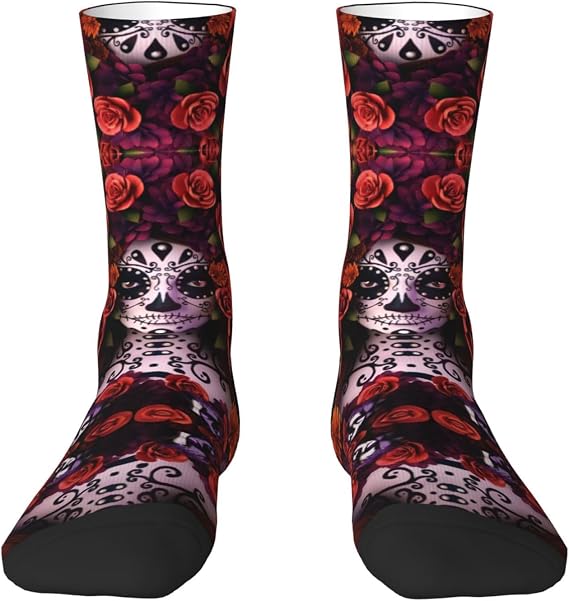 Colorful Socks for Men Women, Funny Patterned Day Of The Dead Sugar Roses Skull Crew Socks, Breathable, Size 5-11 - sugar skull costume