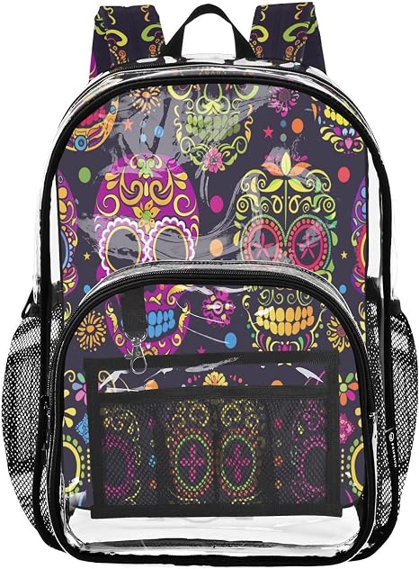 ALAZA Colorful Sugar Skull Seamless on Black Clear Backpack PVC Transparent Bookbag See Through Bag for Women Men - skull backpack