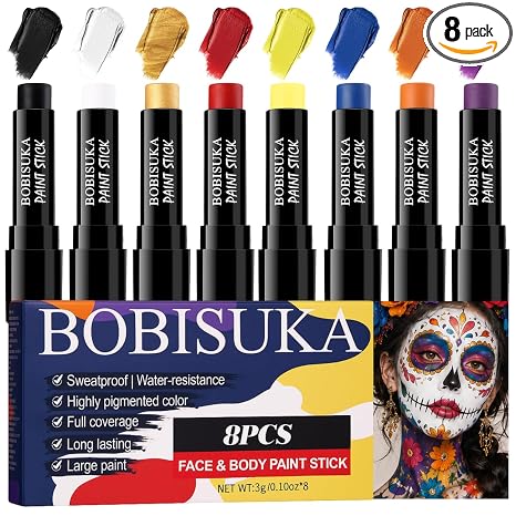 8PCS Face Body Paint Stick, Oil Based Face Painting Kit for Halloween Clown Monster Skull Vampire Costume Cosplay Makeup, Sports Eye Black for Football, Baseball, Softball - sugar skull makeup
