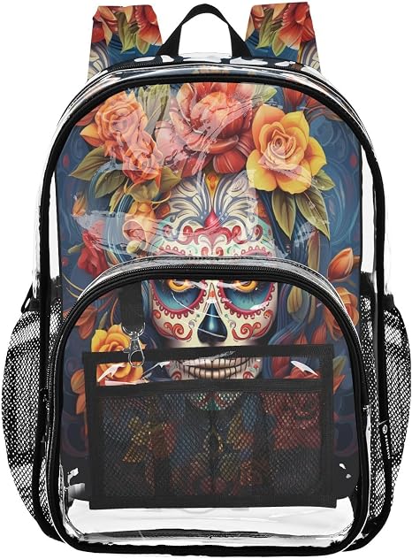 ALAZA Dia Muertos Mexican Day Of The Dead Girl Sugar Skull Clear Backpack PVC Transparent Bookbag See Through Bag for Women Men - skull backpack