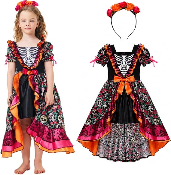 2PCS Day of The Dead Costume Kids Girls Mexican Dress with Flower Headpiece Halloween Sugar Skull Outfit - sugar skull makeup